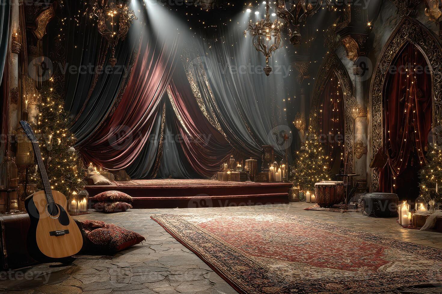Cozy rustic setting with warm lights and musical instruments in an inviting room photo