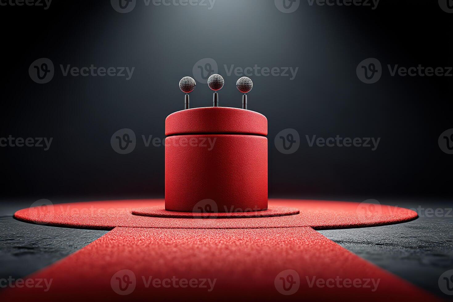 Creative display of red velvet podium with spherical microphones on a circular mat in a spotlight photo