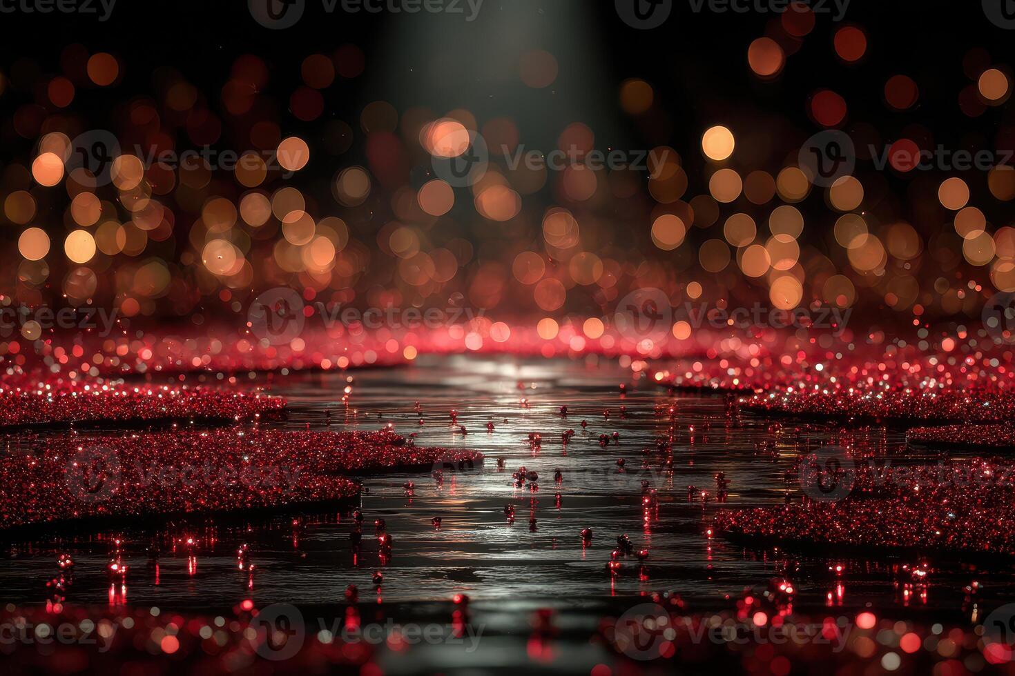 Vibrant red glitter shimmering on a reflective surface with soft bokeh lights in a darkened environment photo