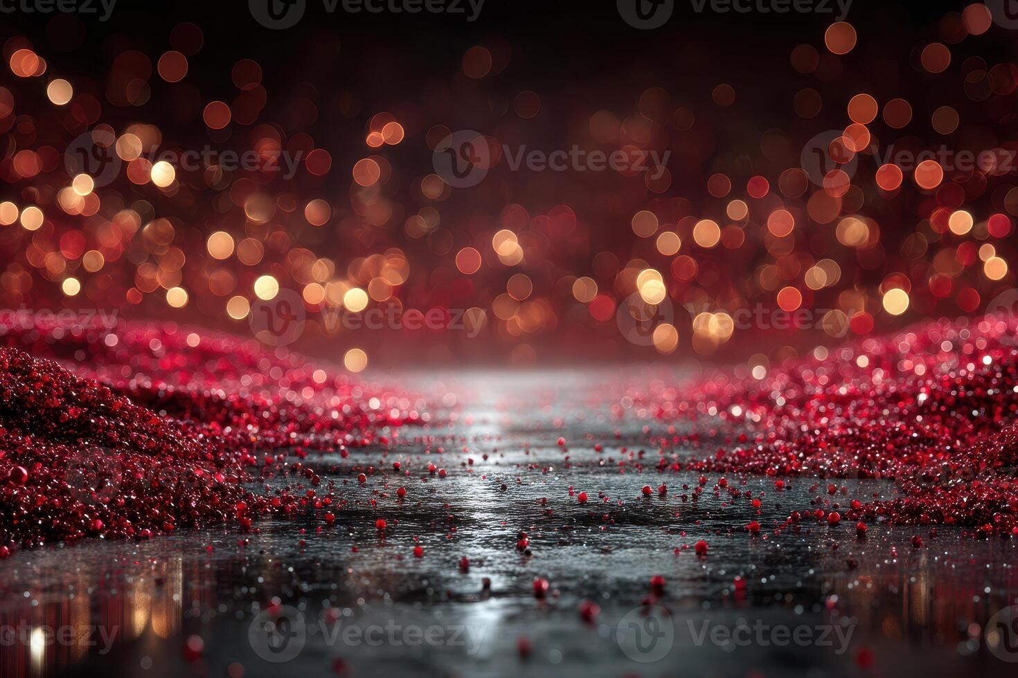 Sparkling red glitter on a reflective surface creates an enchanting atmosphere in a dimly lit setting at night photo