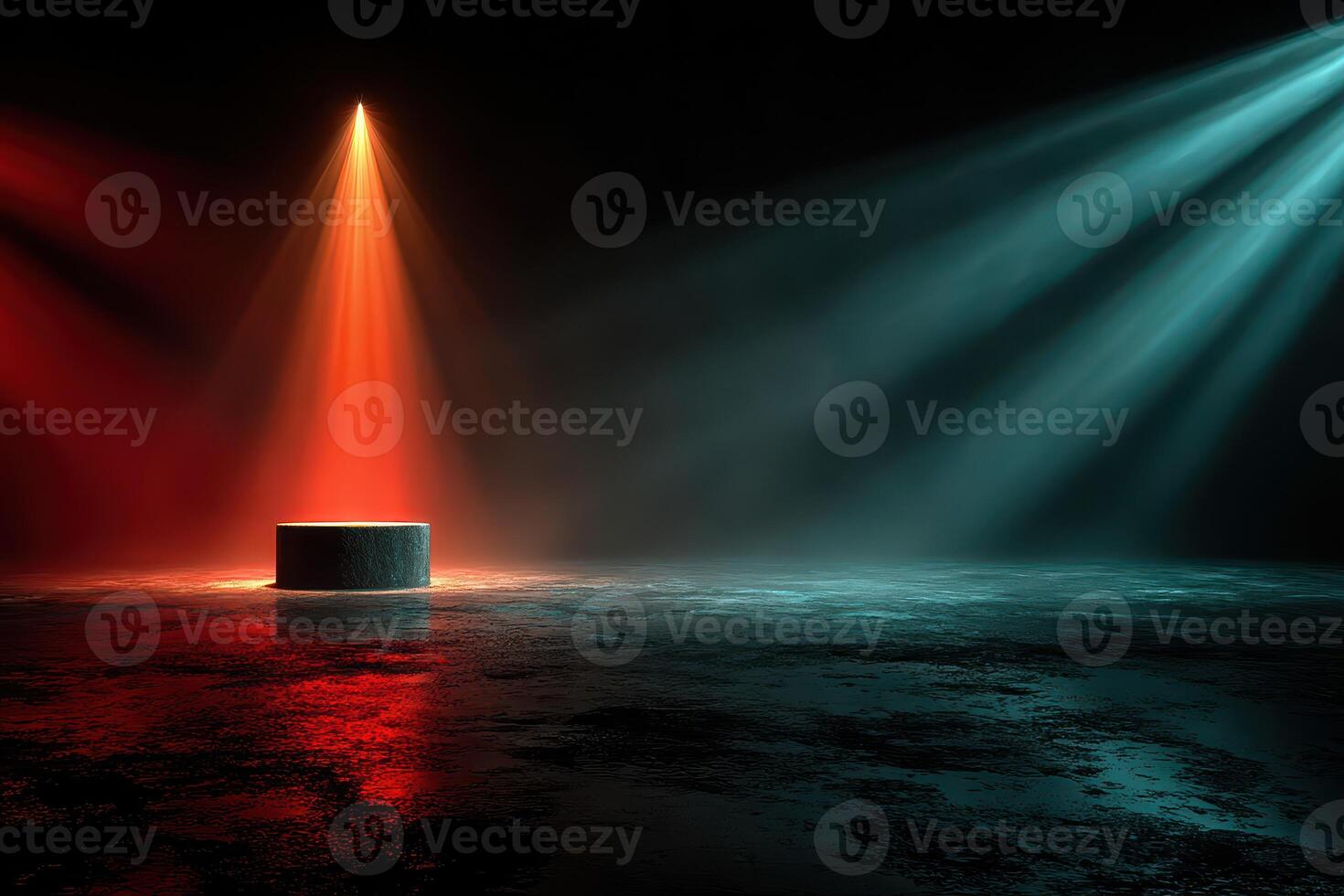 Unique spotlight setup with contrasting red and blue lighting in a dark environment showcasing a central podium photo