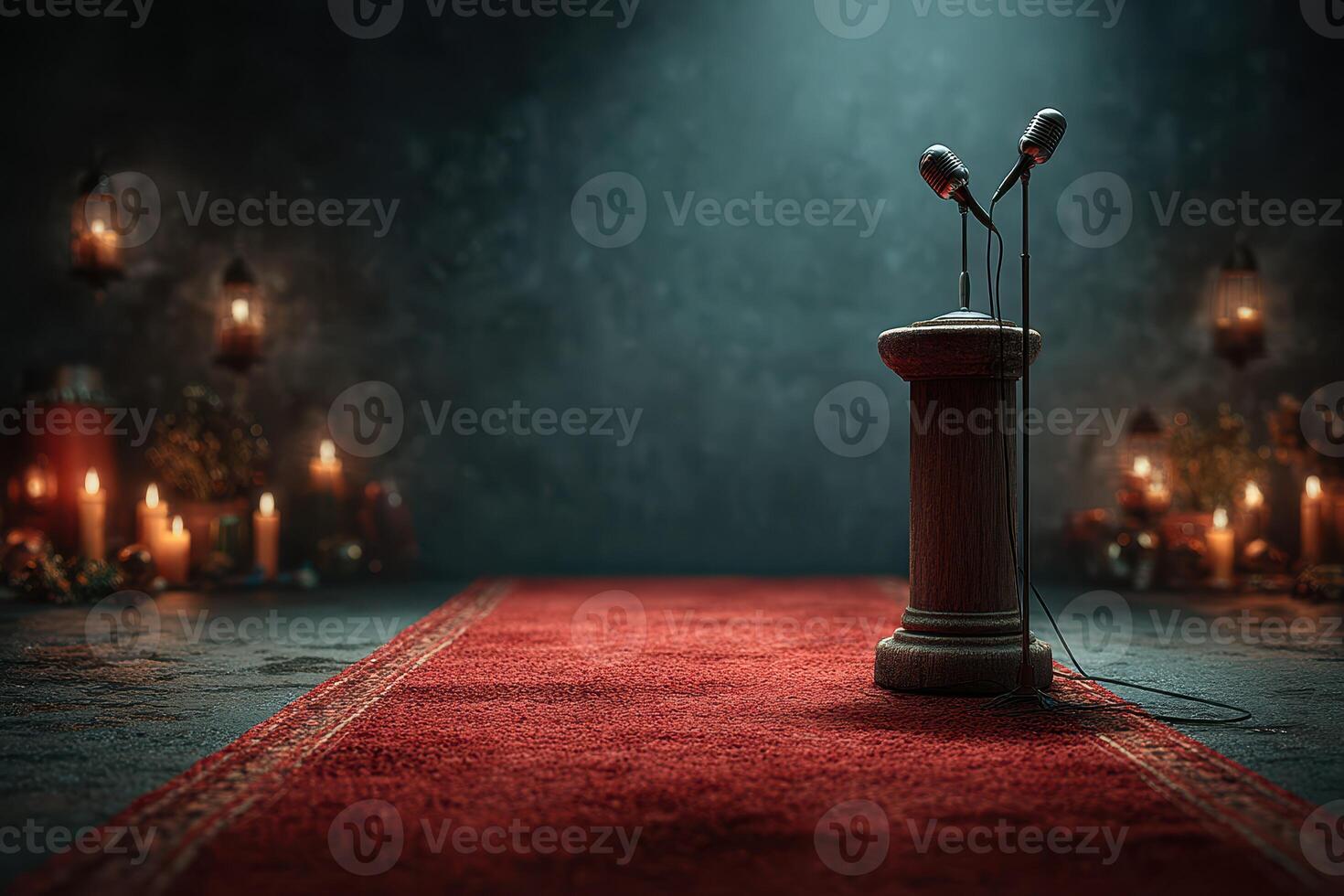 Mic stand awaits speaker on red carpet surrounded by candlelight in dimly lit venue creating an intimate atmosphere photo