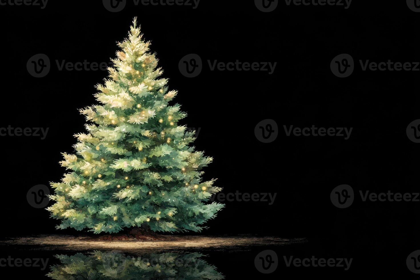 Decorative evergreen tree illuminated with lights stands against a black background during the holiday season photo