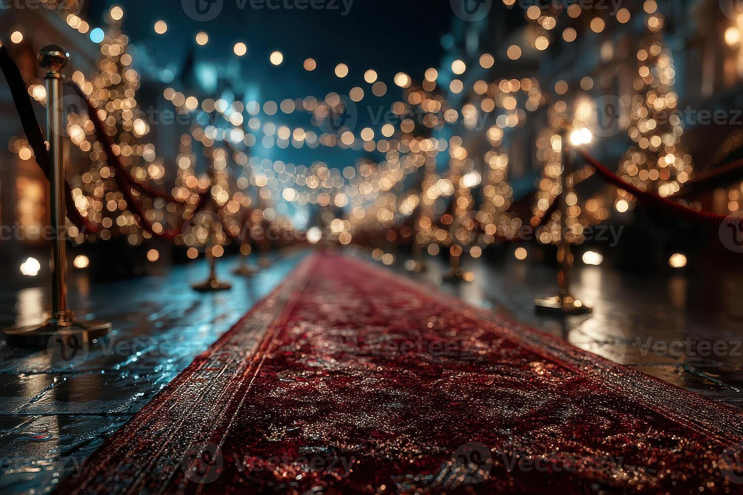 Elegant evening event with a red carpet and festive lights in a bustling city square during the holiday season photo