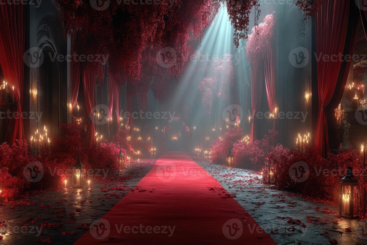 Elegant red carpet path illuminated by candles under a canopy of lush foliage in a serene, mystical setting photo