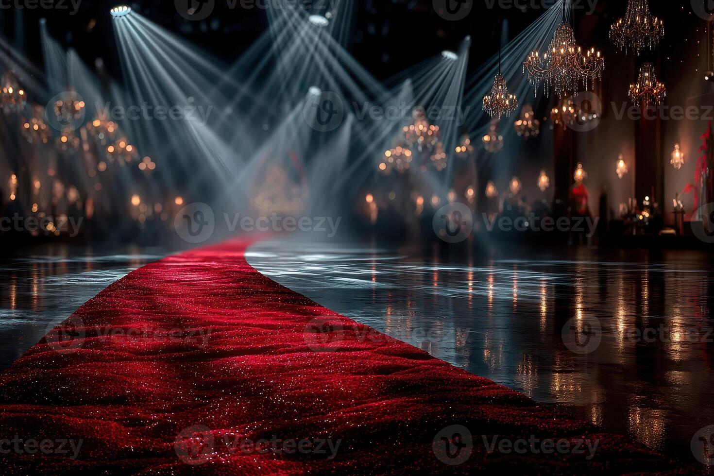 Elegant red carpet leads to a sparkling event venue illuminated by chandeliers and dramatic lighting photo