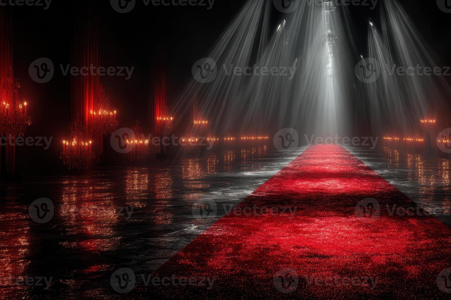 Elegant red carpet pathway illuminated by dramatic lighting in a mysterious venue at night photo