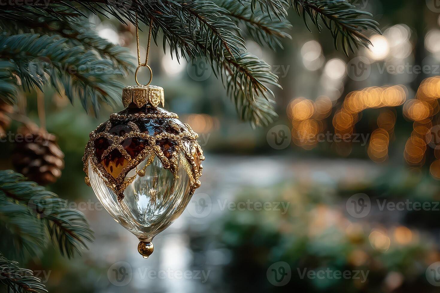 Ornate glass ornament hanging on pine tree branches near a shimmering stream during a festive evening in the forest photo