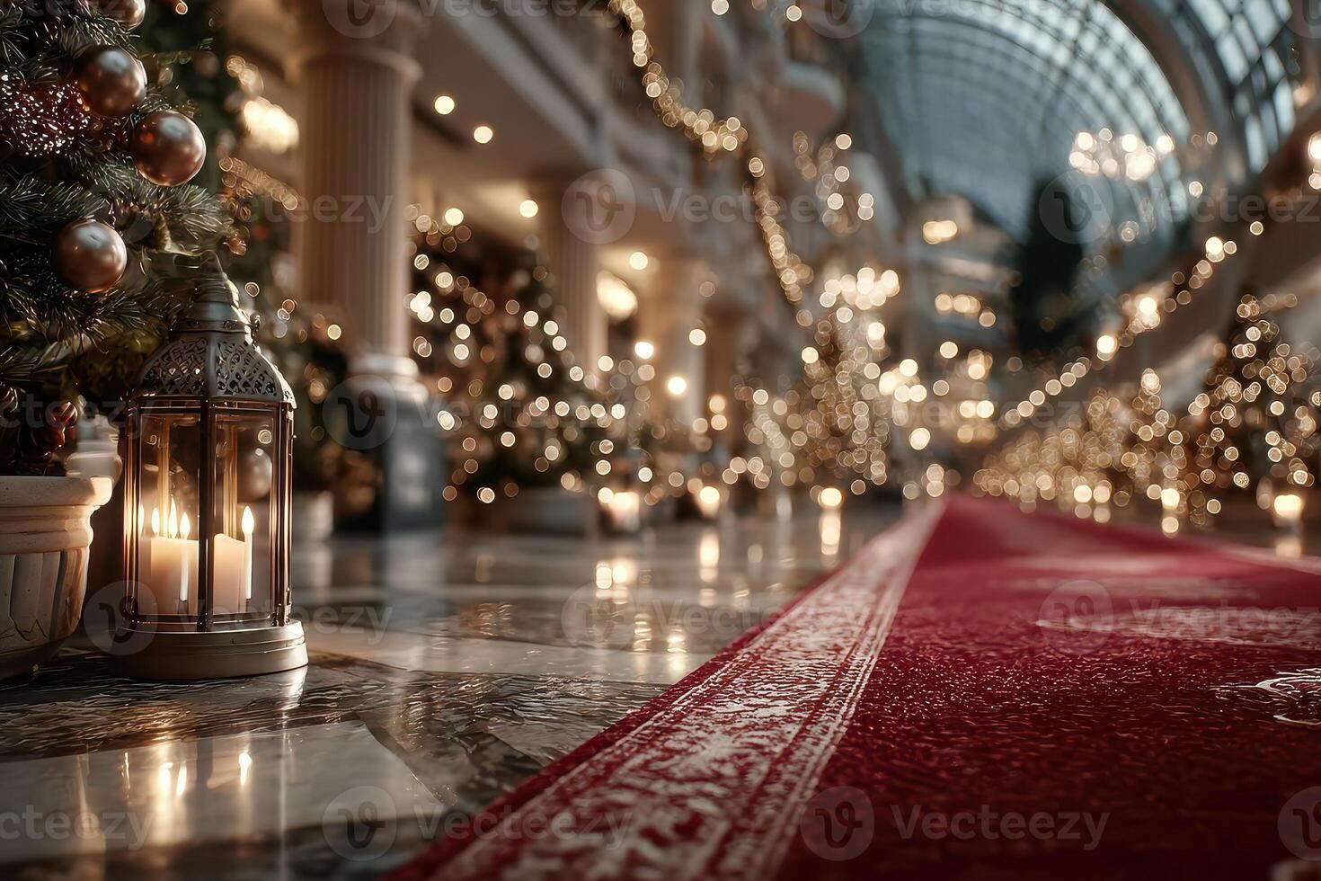Beautifully decorated corridor with festive lights and Christmas trees during the holiday season photo