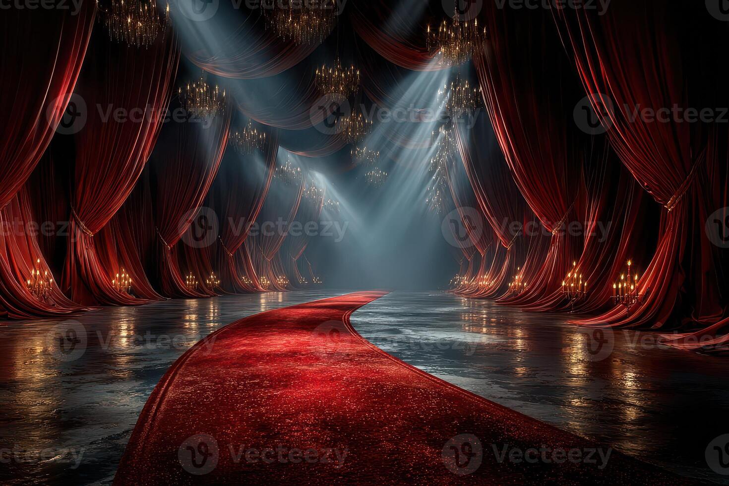 Elegant red carpet event space with dramatic lighting and velvet curtains creating a luxurious atmosphere for a grand occasion photo