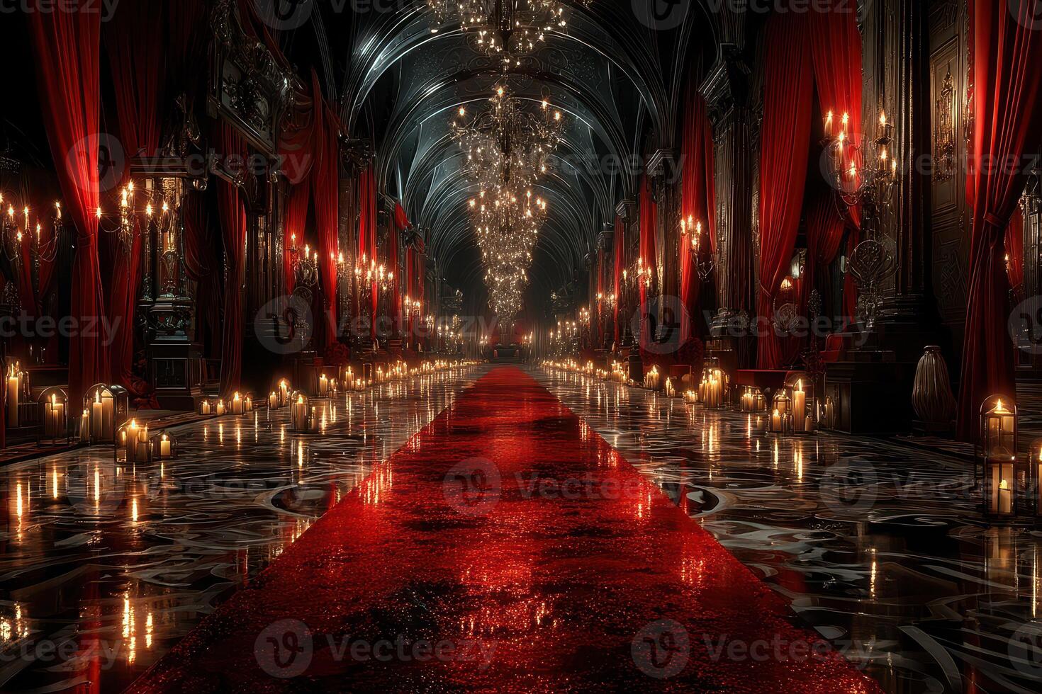 Luxurious hallway adorned with red curtains and candlelight creates an enchanting atmosphere for evening events photo