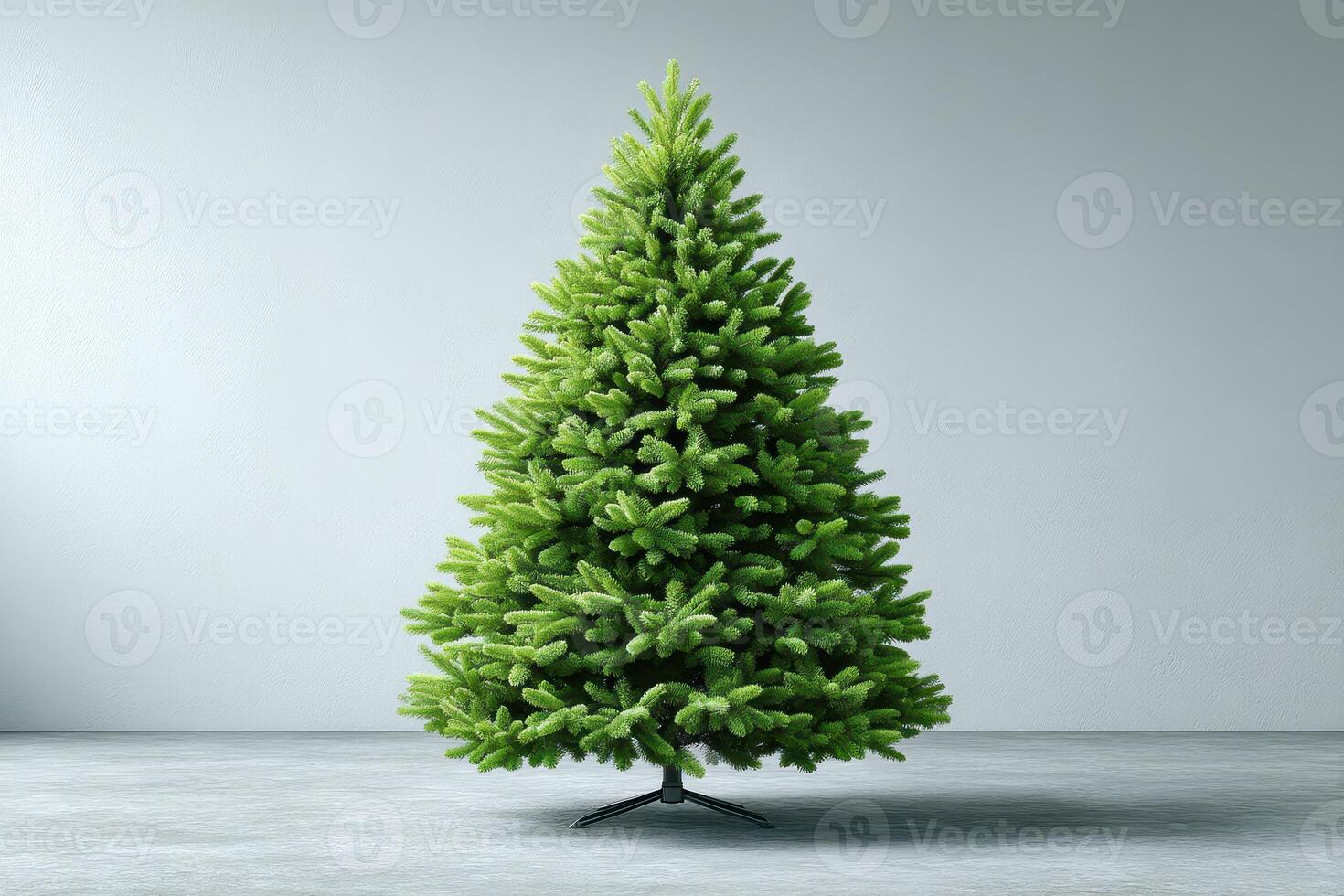Artificial Christmas tree stands tall in a modern, minimalist room with a light gray background photo