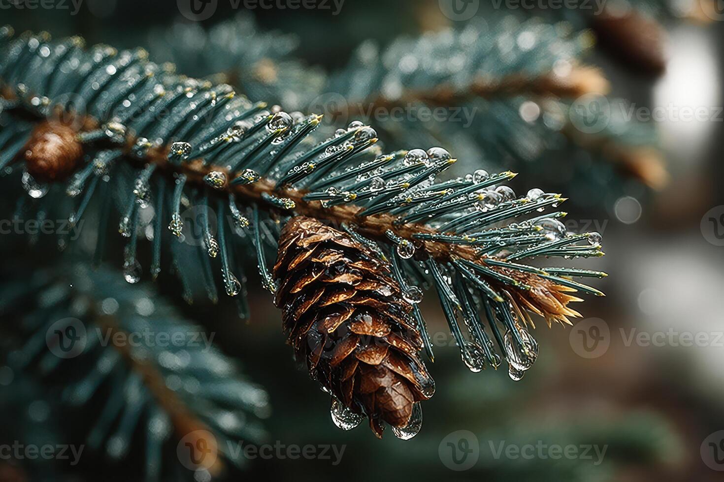 Spruce tree branch adorned with droplets and a pine cone in lush forest setting during early morning hours photo
