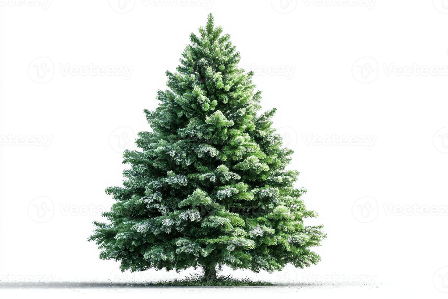 Evergreen tree stands tall against a white background during winter season with fresh snow on its branches photo