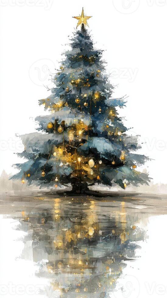 Evergreen Christmas tree adorned with golden lights reflecting on a snowy surface at twilight photo