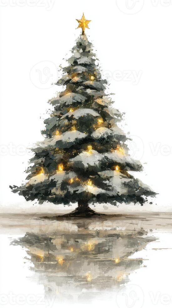 Festive Christmas tree adorned with lights and a star in winter setting photo
