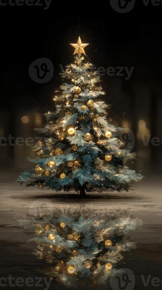 Christmas tree adorned with golden ornaments and a shining star reflecting on a dark, glossy surface photo