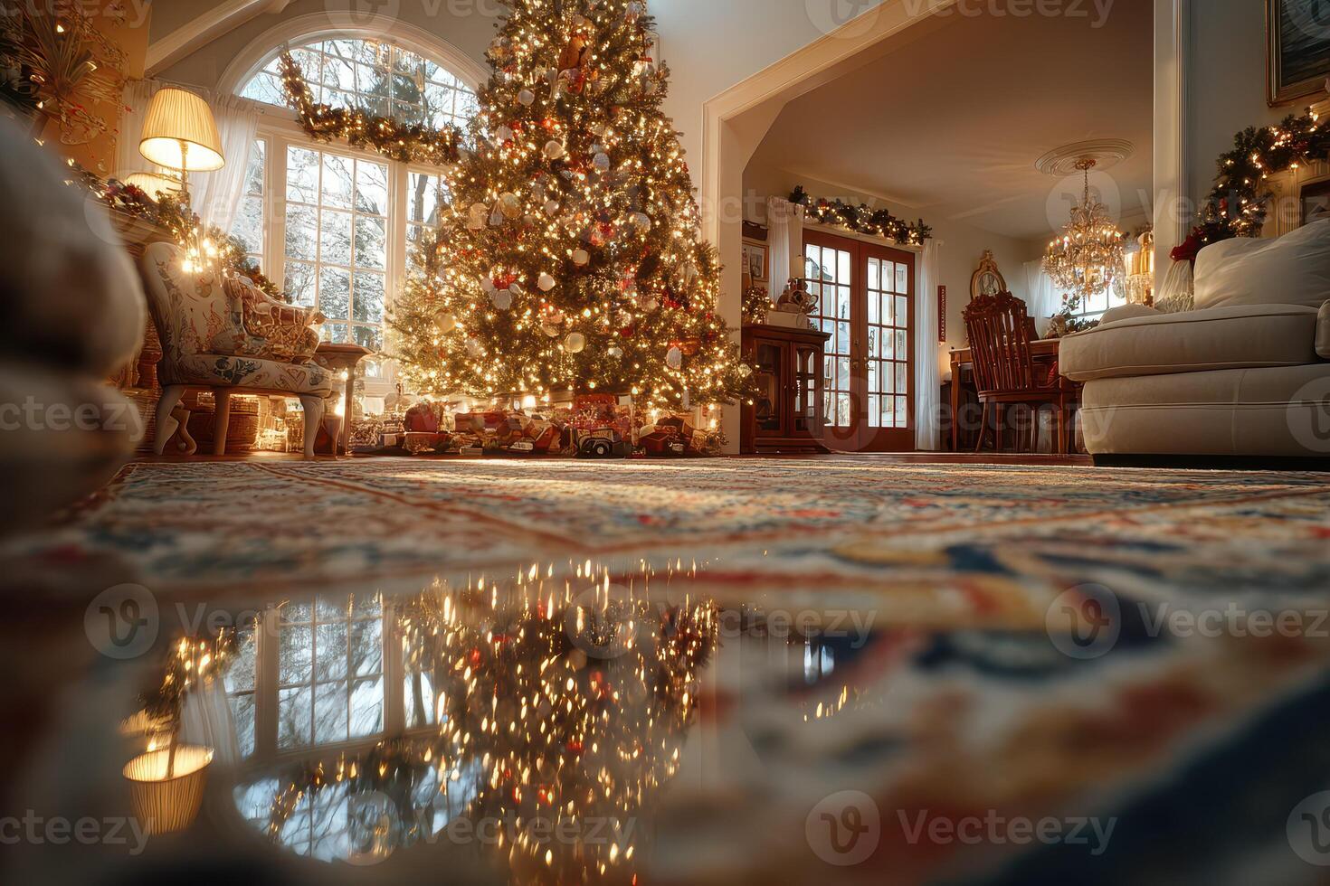 Cozy holiday living room decorated with a Christmas tree and warm lights in a beautiful home setting photo