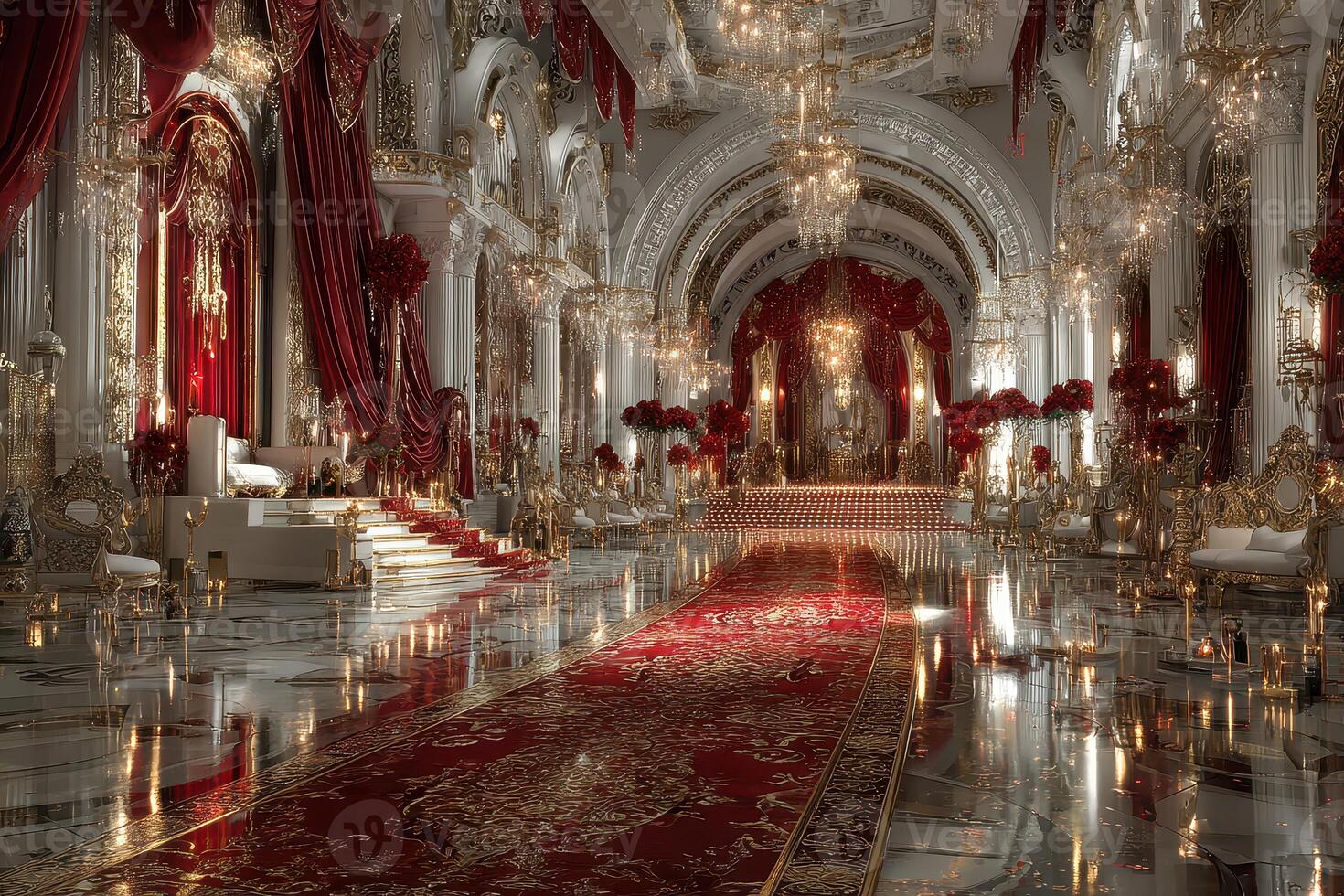 Elegant ballroom decorated with luxurious details, red tones and crystal chandeliers at an upscale event photo