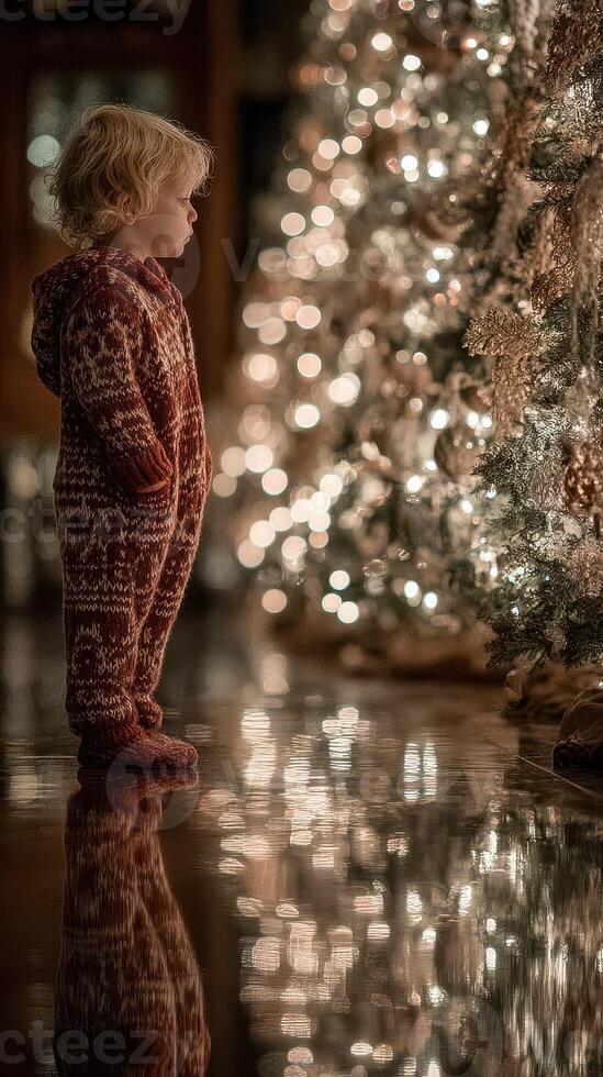 Child in cozy pajamas gazes at Christmas tree adorned with twinkling lights during holiday season photo