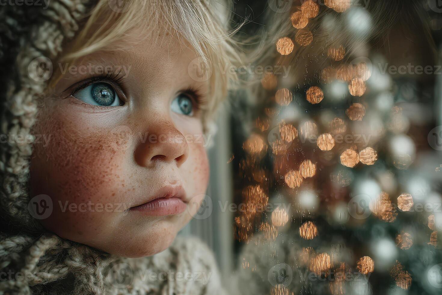 Child gazes in wonder at a brightly lit Christmas tree during the festive season from indoors photo