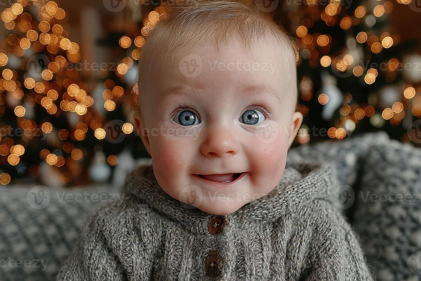 Happy baby smiles in cozy sweater surrounded by festive holiday decorations during winter season photo