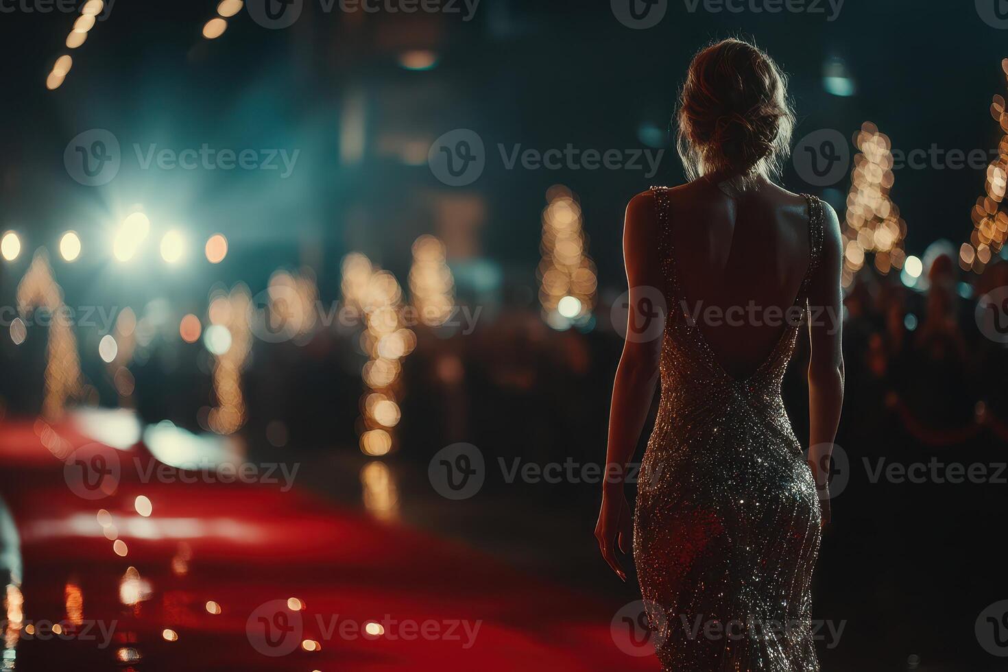 Elegant woman walks down glamorous red carpet at an evening event surrounded by twinkling lights and an admiring crowd photo