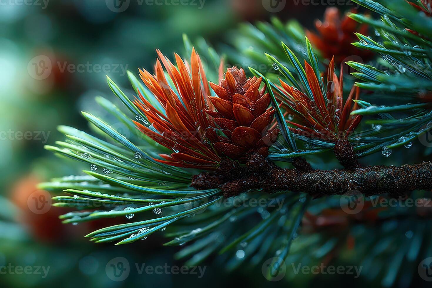 Close-up view of a pine branch with new cones and droplets in a tranquil forest setting during early morning photo