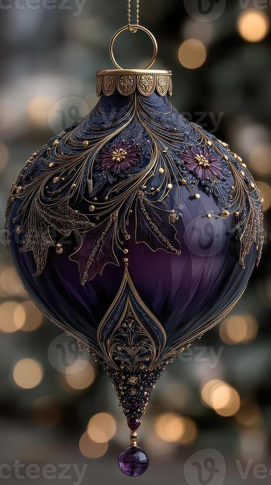 Elegant purple ornament with intricate designs hanging against a festive background photo