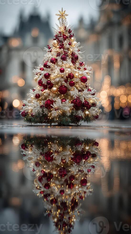 Festively decorated Christmas tree with red and gold ornaments reflects on wet surface in a city square during winter photo