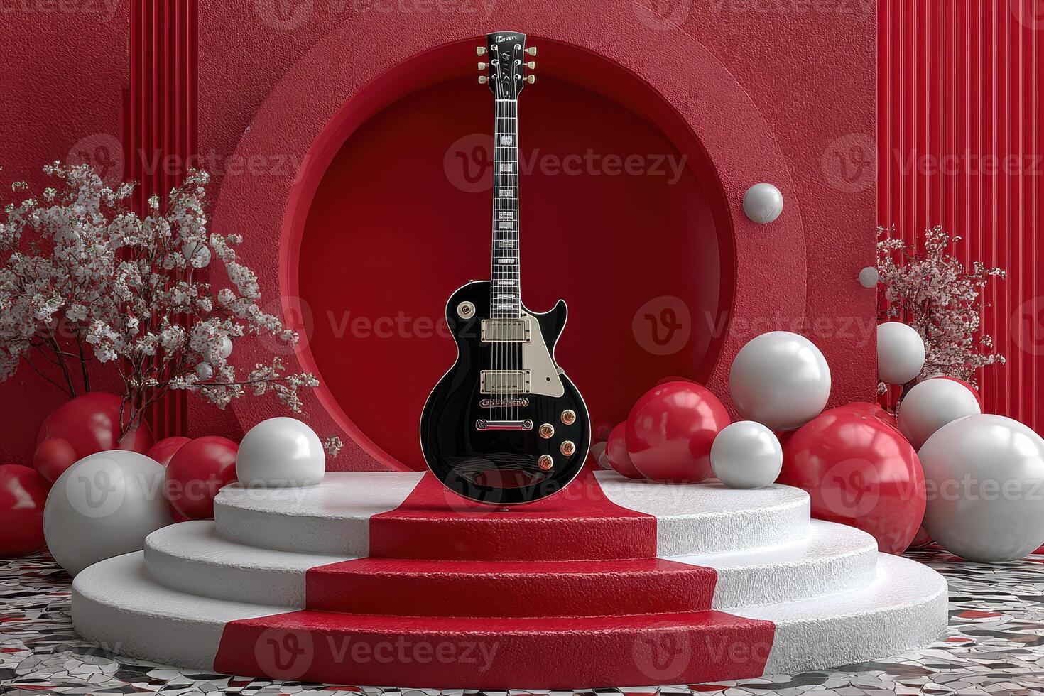 Stylish black guitar on red circular platform surrounded by decorative spheres in a modern setting photo