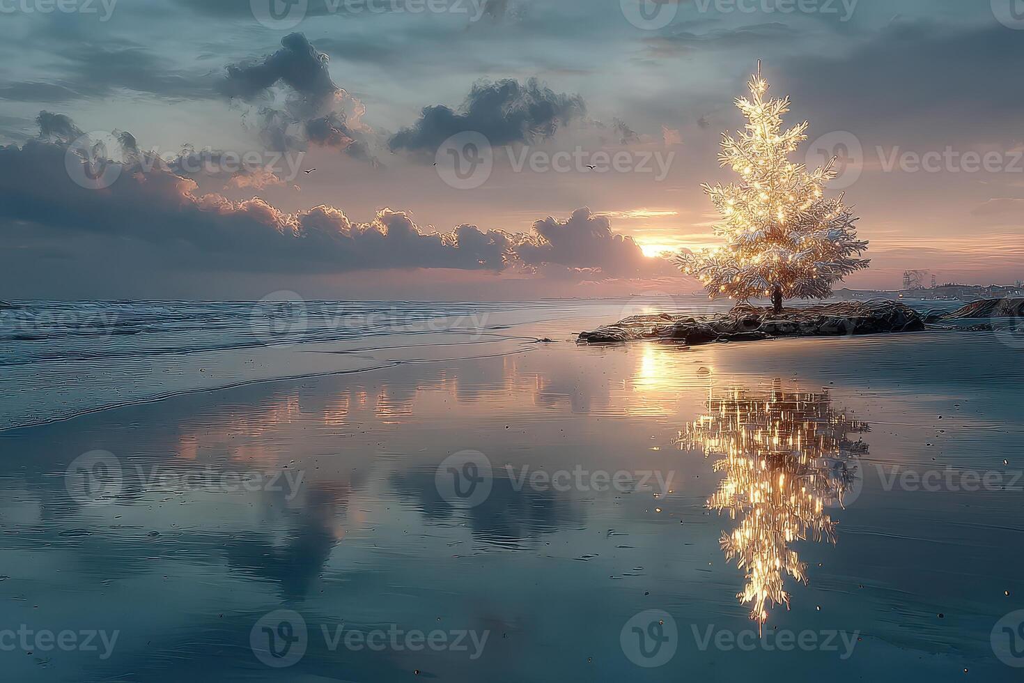 Winter sunset at the beach with a glowing Christmas tree reflecting on the water photo