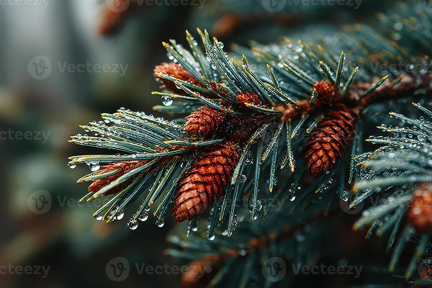 Close-up of wet pine branches with pine cones and water droplets in a forest setting during morning light photo