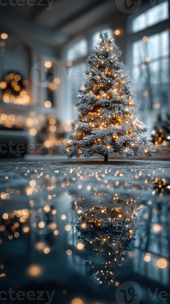 Cozy indoor space with a decorated Christmas tree and glowing lights reflecting on the floor photo