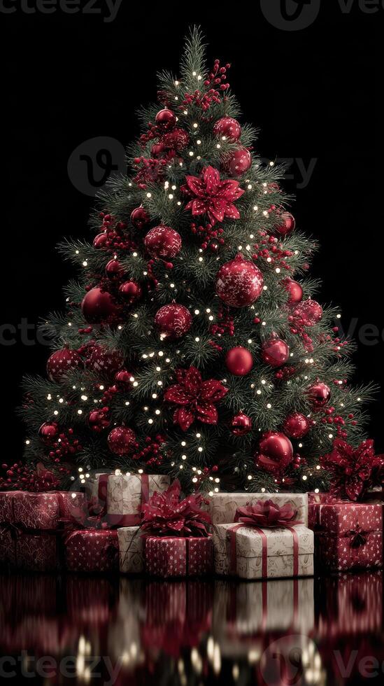 Beautifully decorated Christmas tree with red ornaments and sparkling lights displayed against a dark background photo