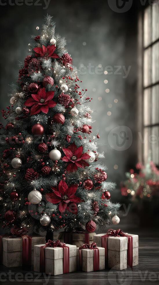 Festively decorated Christmas tree with vibrant ornaments and wrapped presents at cozy indoor setting photo