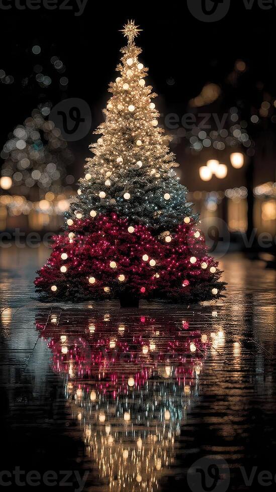 Sparkling Christmas tree illuminated by colorful lights in a festive city square at night rain reflecting the beauty photo