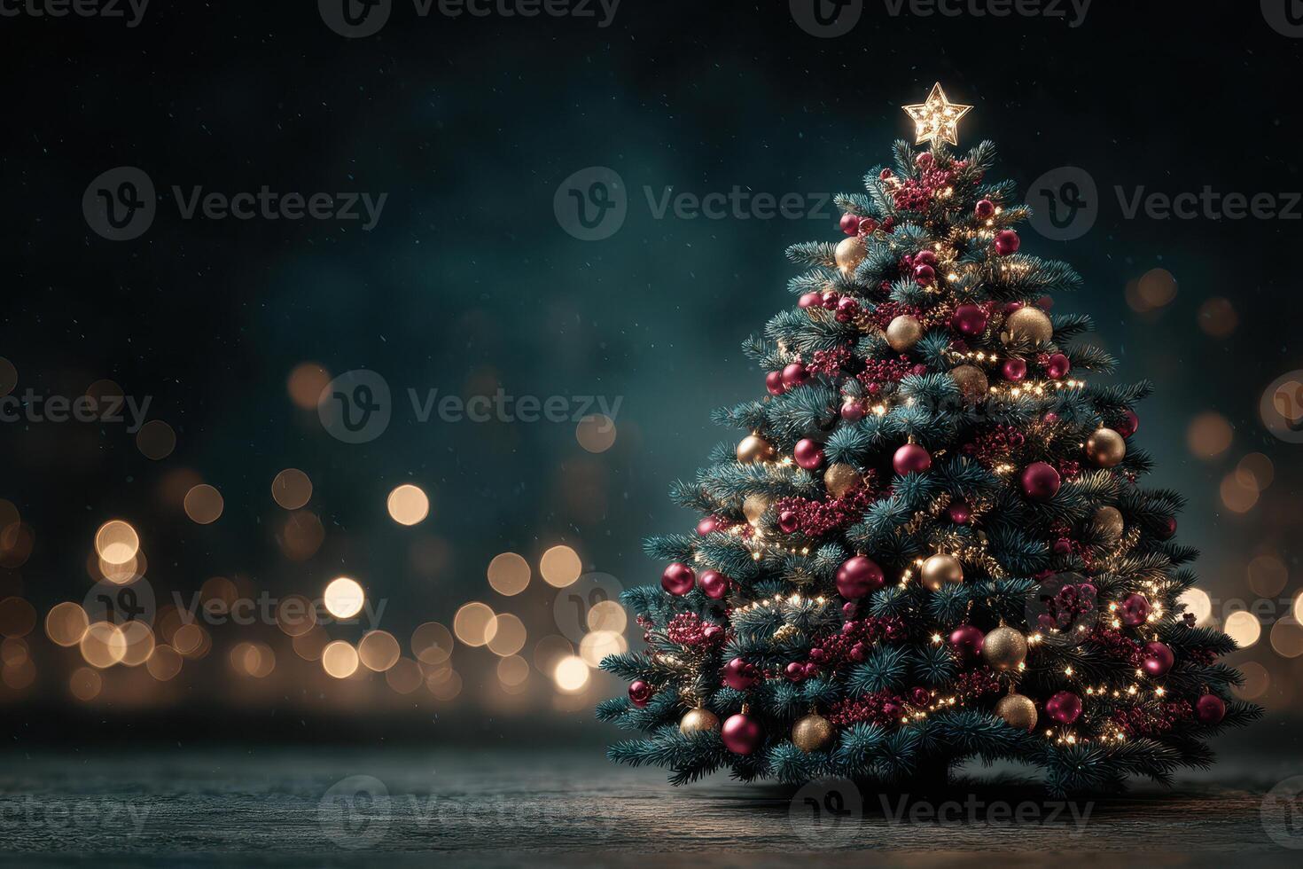 Christmas tree decorated with lights and ornaments glowing in a dark setting during the holiday season photo