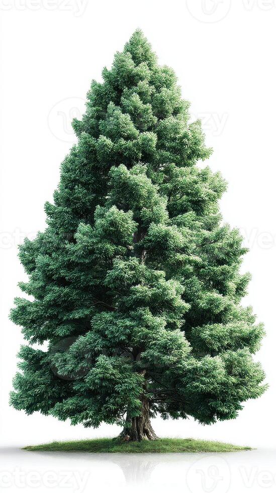 Tall green conifer tree with dense foliage showcasing symmetrical shape and vibrant colors in a natural setting photo