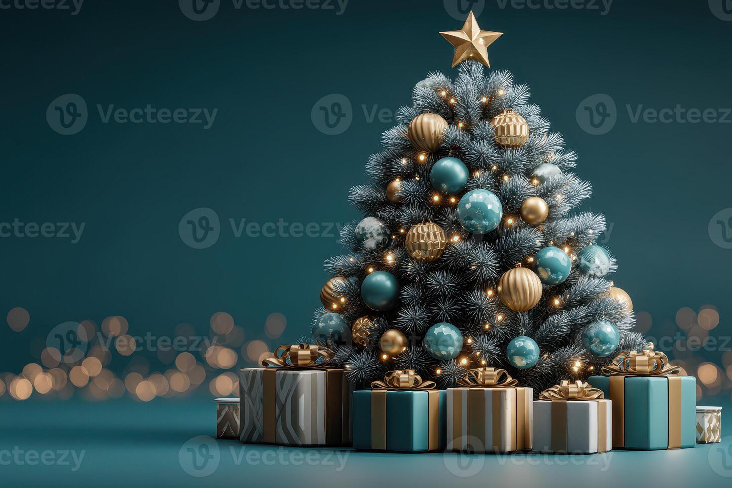 Decorative Christmas tree adorned with blue and gold ornaments and gifts in a cozy setting photo