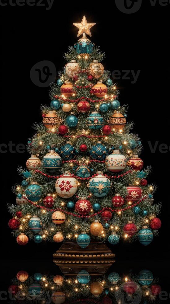 Beautifully decorated Christmas tree with colorful ornaments and warm lights creating a festive atmosphere for the holidays photo