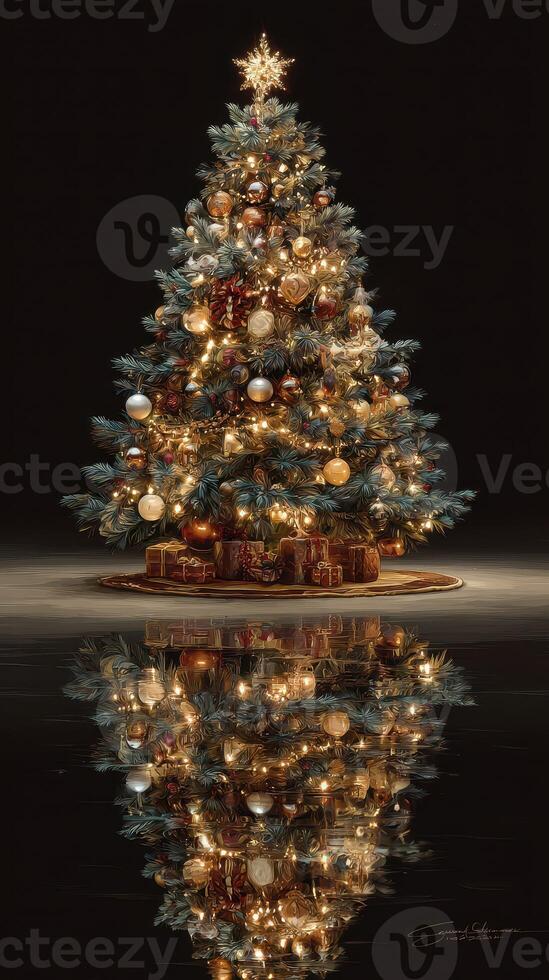 Elegant Christmas tree adorned with ornaments and lights reflecting on a dark surface during winter festivities photo