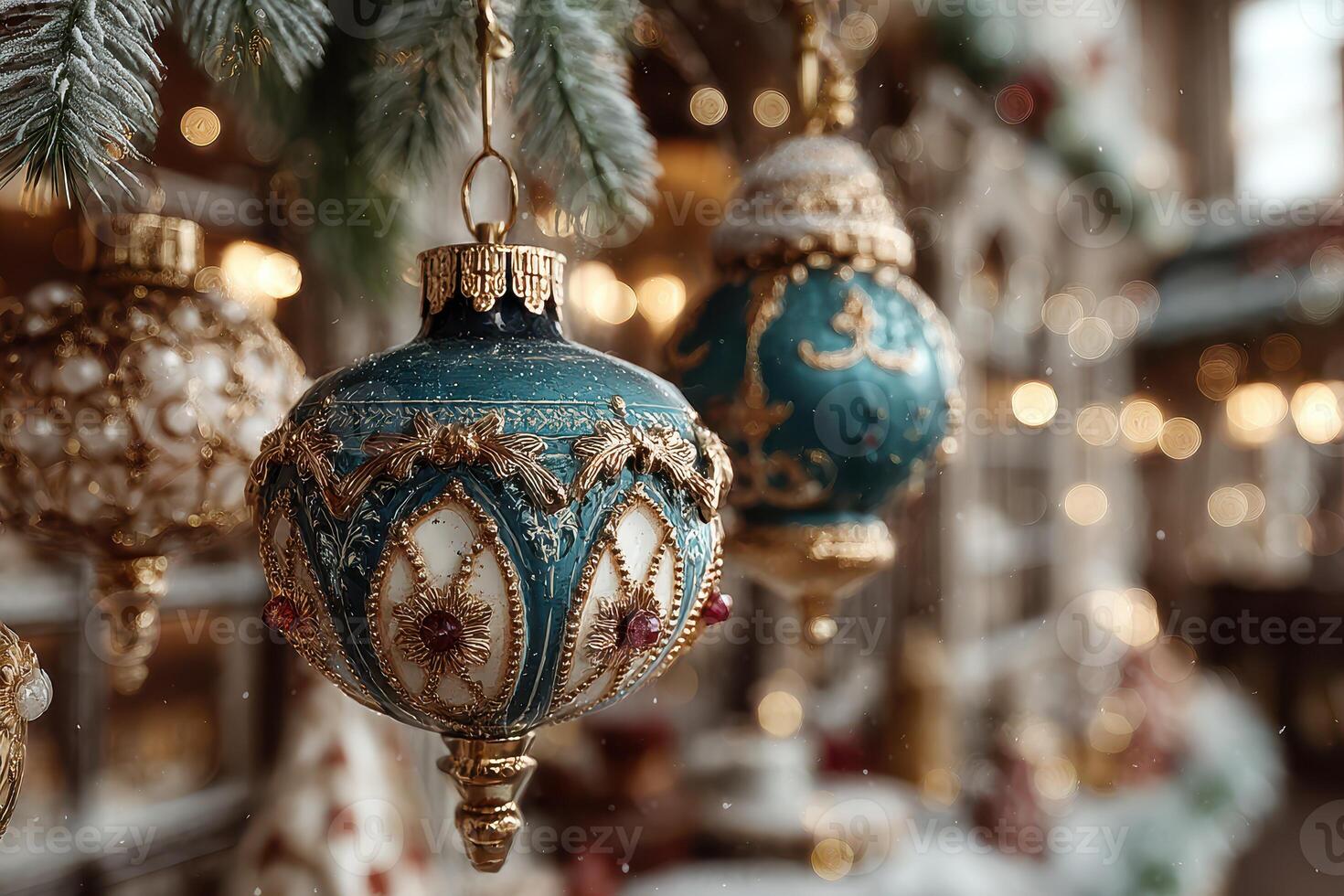Discover beautiful festive ornaments hanging during winter celebrations in a cozy setting filled with twinkling lights photo