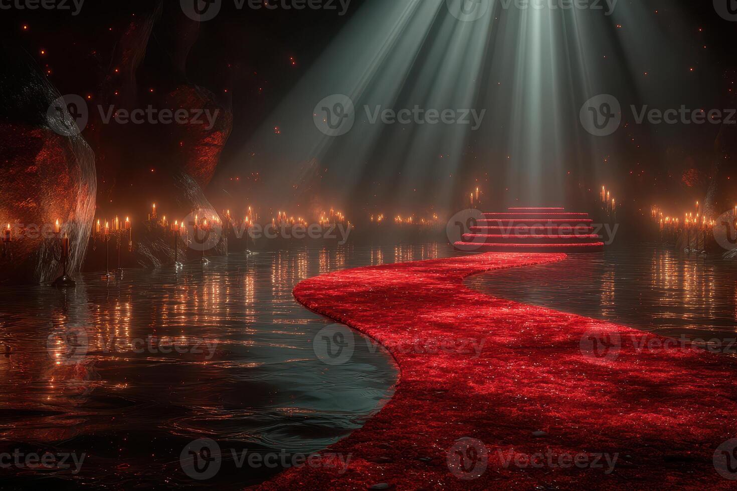 Mysterious red pathway leads to illuminated altar in dark cavern at night photo