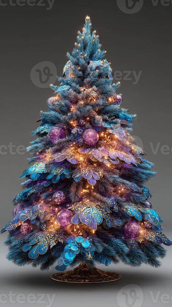 Beautifully decorated Christmas tree with blue and purple ornaments glowing with lights photo
