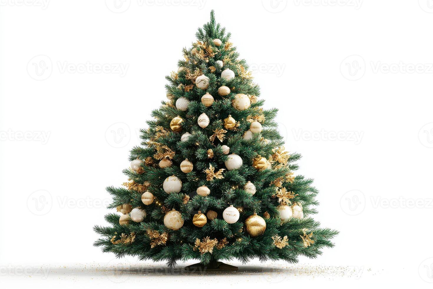 Beautifully decorated Christmas tree with gold and white ornaments in a bright setting for the holiday season photo