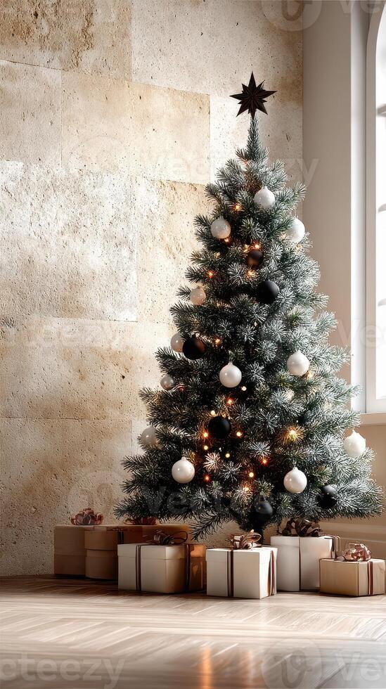 Elegant Christmas tree adorned with ornaments and gifts in a cozy indoor setting photo