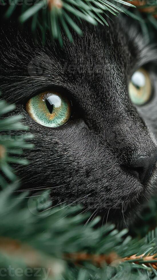 Close-up view of a black cat peeking through green foliage in a serene garden during daytime photo