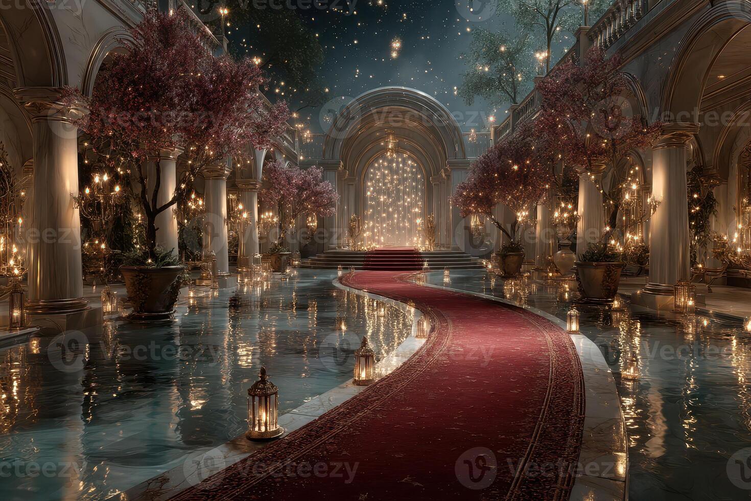 Elegant indoor garden with glowing lanterns and a vibrant pathway amidst serene reflections at nighttime photo
