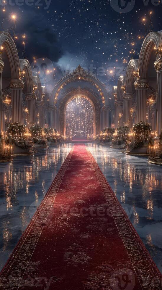 Elegant interior with a red carpet leading to a grand archway under a starlit sky in a lavish venue photo